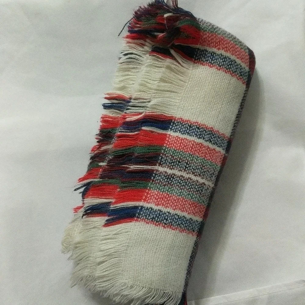 Cream, Red, Green, Blue Plaid Woven Blanket Scarf with Fringe